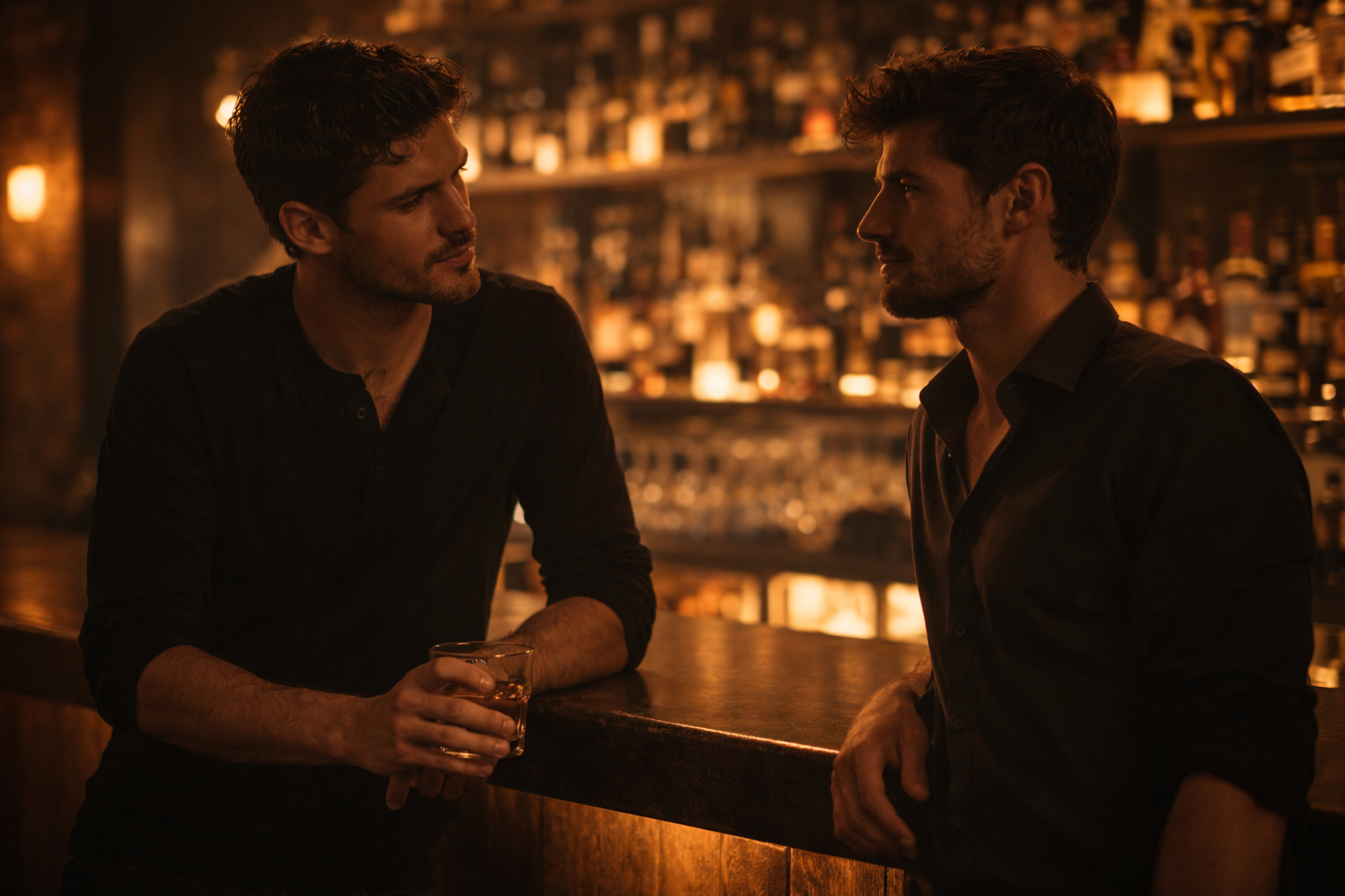 Two men at a bar reading each other's body language - cruising signals in a social venue