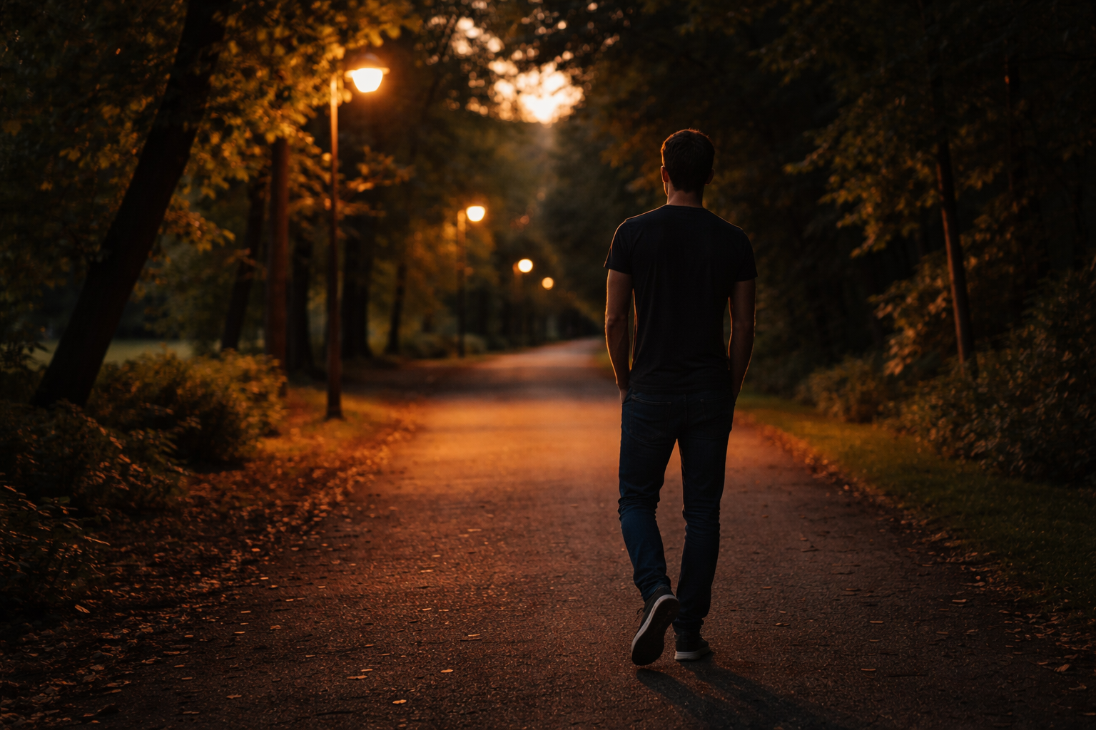Man walking alone through a park at dusk - the frustration of missed cruising opportunities