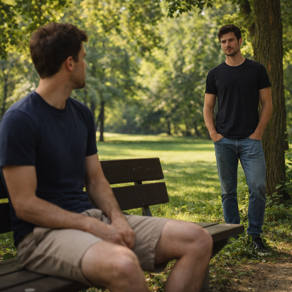 Two men exchanging glances in a park - reading gay cruising signals