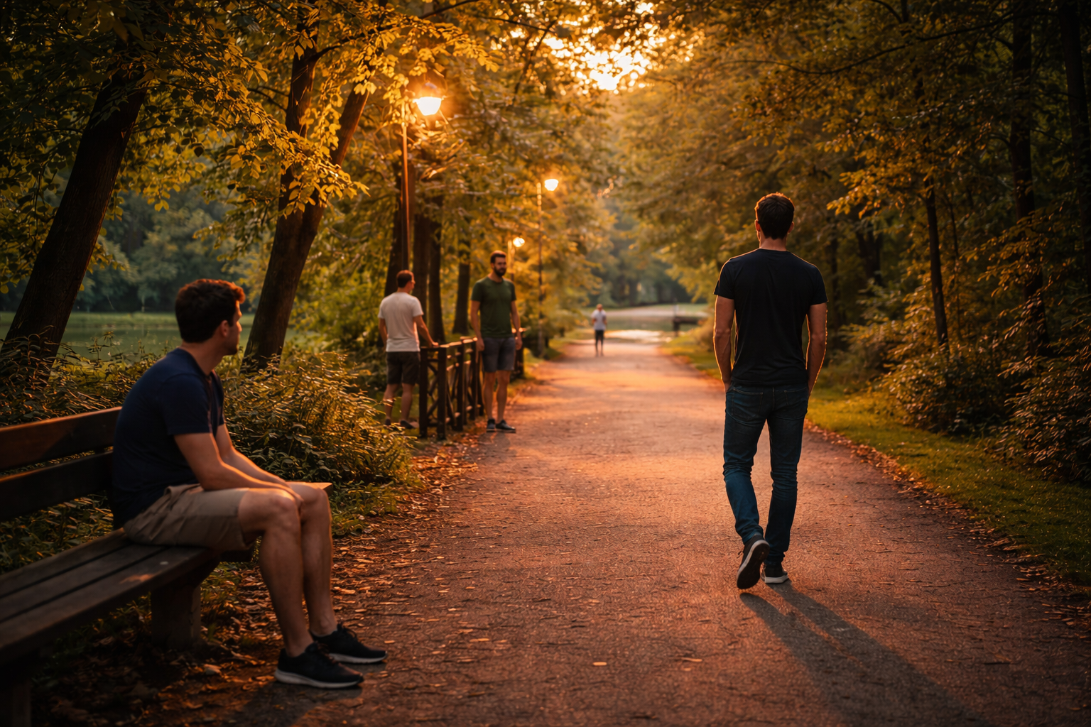 Gay cruising in a park - men positioned along a pathway reading each other's signals